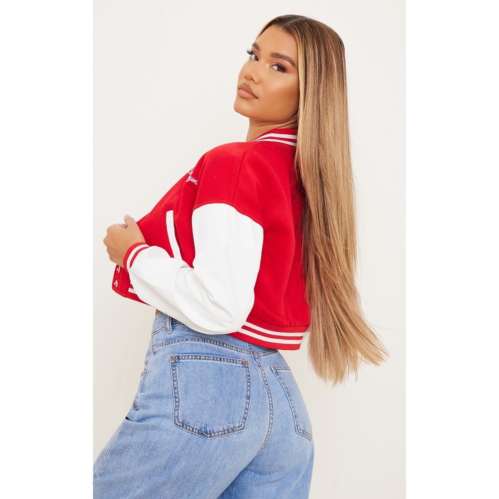 NWT PRETTYLITTLETHING Red & White Varsity Cropped Bomber Jacket  Size S‎ - Picture 11 of 12